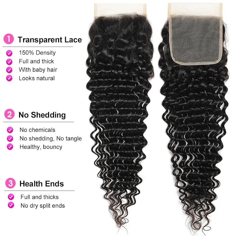 Deep Wave Hair Bundles with Lace Closure - 16 16 18 18 + 14 Inch Human Hair Set - Natural Brazilian Virgin Wave