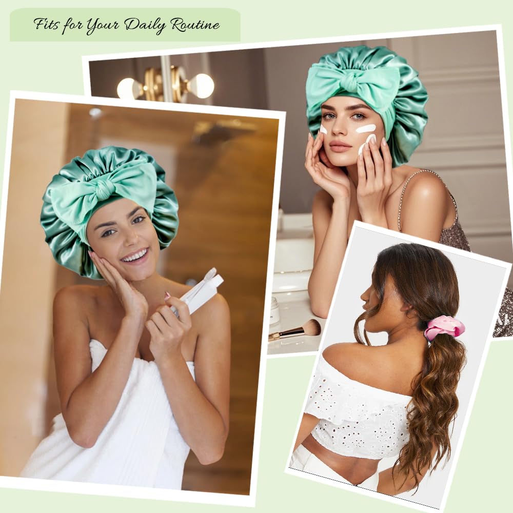 1+3 Large Satin Bonnets with Scrunchies for Women, Double Layer Hair Bonnet Tie Bonnet for Sleeping Braids Curly Hair, C
