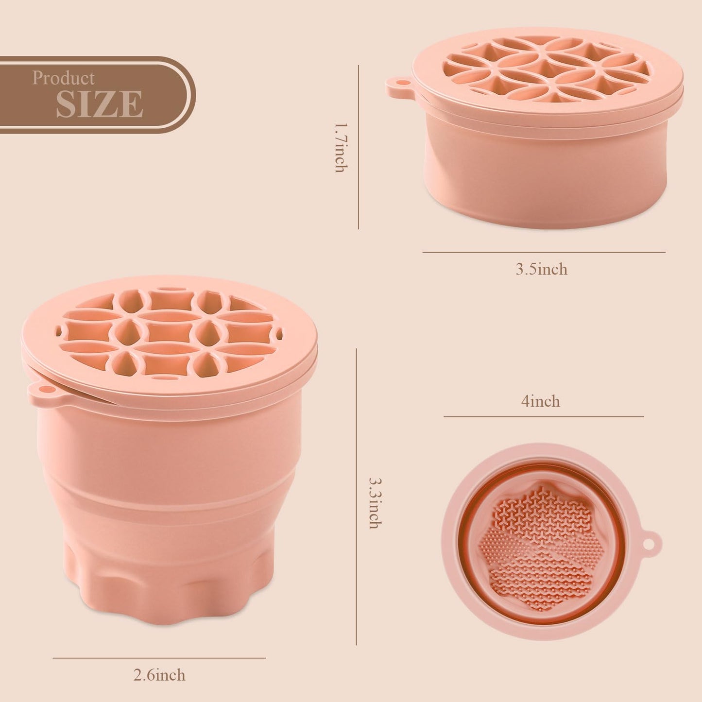 WantGor Makeup Brush Cleaner Mat with Brush Storage Holder, 3 in 1 Foldable Silicone Bowl Cosmetic Brushes Cleaning Pads Tool for Makeup Brush, Makeup Sponge, Powder Puff (Khaki)