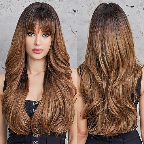 Ombre Brown Wigs with Bangs - Long Wavy Synthetic Hair for Women