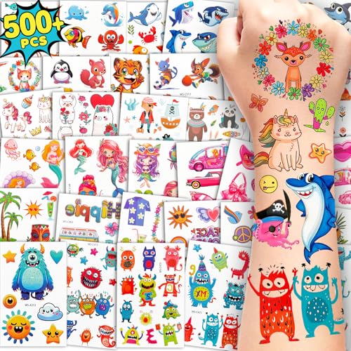 66 Sheets Temporary Tattoos for Kids, 500+ Fake Tattoos Stickers for Boys & Girls, Individually Wrapped Bulk Party Favors, Goodie Bag Stuffers (Mermaid, Unicorn, Monster, Shark, Animal)
