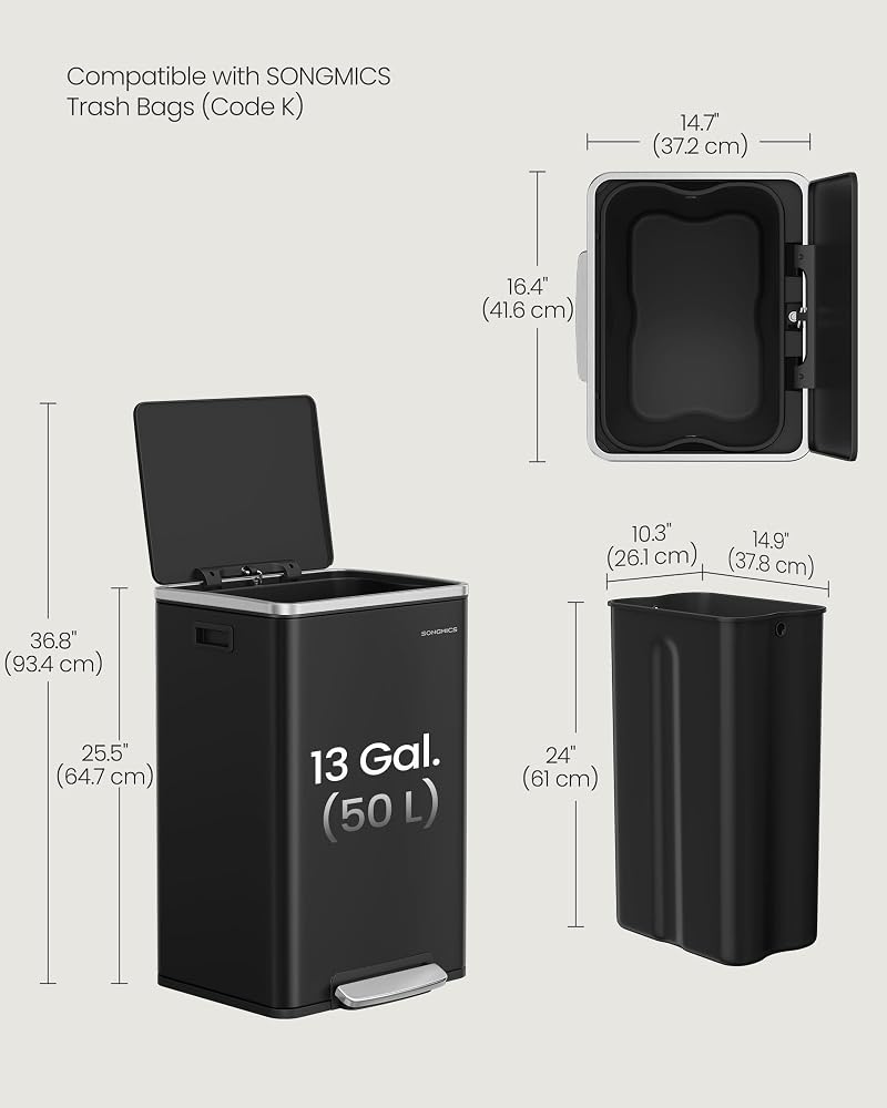 Ink Black SONGMICS 13 Gallon Stainless Steel Soft-Close Trash Can