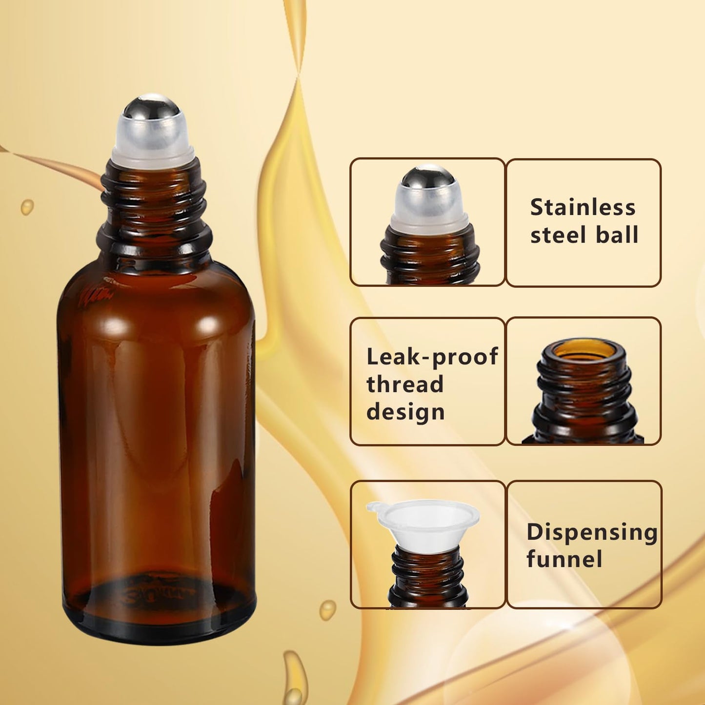 HEYLEAYAR 50ML Roller Bottles for Essential Oil, 3 Pack Empty Amber Glass Roller Bottle for Perfume Oil, Roll on Bottles with Stainless Steel Roller Balls, Opener, Funnel and Dropper