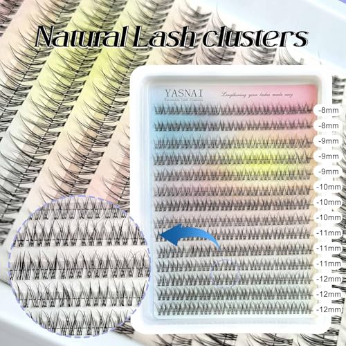 Lash Clusters Natural Look Wispy C Curl Lash Extensions, Natural Lash Clusters Clear Band 8-12MM 168pcs DIY Eyelash Extension, Yasnai Individual Eyelash Clusters DIY at Home
