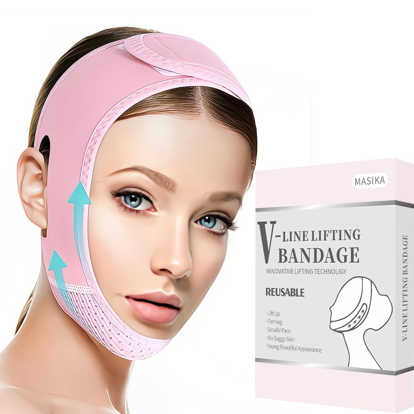 MASIKA Chin Strap for Sleeping,Adjustable Chin Strap,Jaw Strap,Jawline Shaper,V-Line Mask Chin Up Mask V Shaped Face Mask, Jaw Exerciser,Reusable chin strap,Pink。