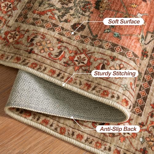 Tangsoo Boho 5x7 Washable Area Rug - Non Slip Indoor Vintage Carpet - Terracotta/Tan