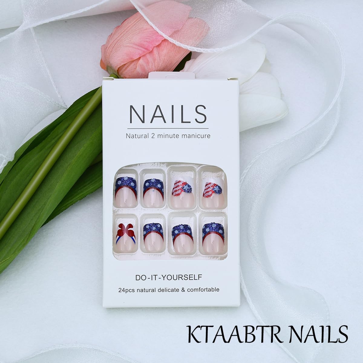 Independence Day Press on Nails Short Square French Tip Fake Nails with Dot Heart Bow Design 4th of July Acrylic Nails Full Cover Glossy False Nails for Women Manicure Decoration, 24PCS