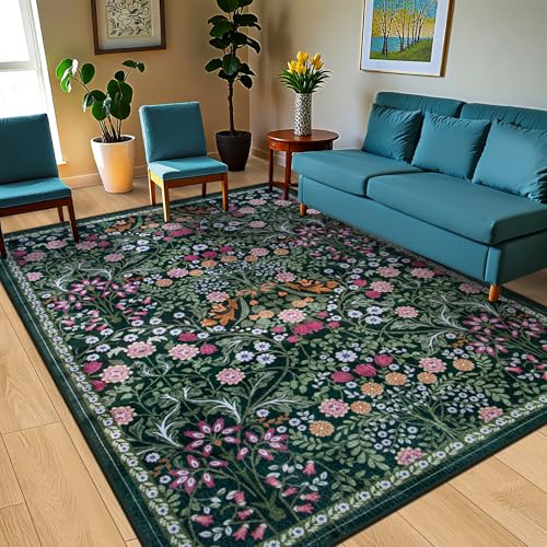 PLHXFR 8x10 Dark Green Floral Washable Area Rug for Living Room & Home