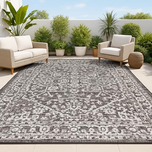 JONATHAN Y Boho Medallion Indoor Outdoor Rug 7'9" x 10' Black Gray Textured Weave
