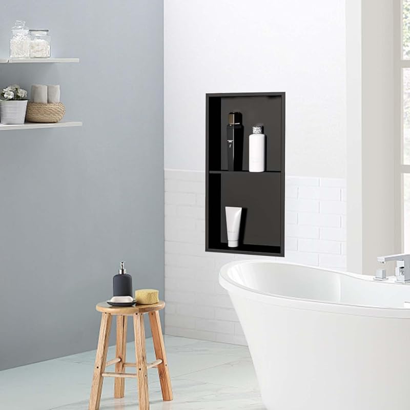 Matte Black 24X12 Stainless Steel Shower Niche - 2-Tier Wall Shelf (Matte Black 12W X 24H) - No Tile