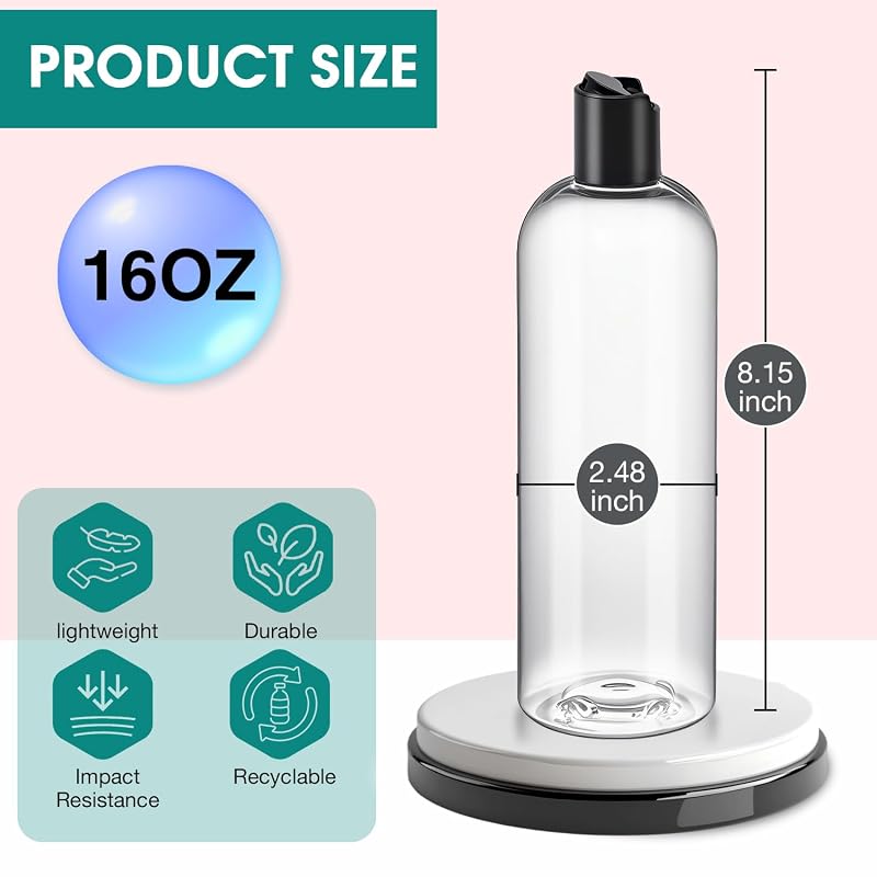 12Pcs 16oz Clear Plastic Refillable Travel Bottles with Black Disc Top Caps - Variation: Clear+16 Ounces (Pack of 12)