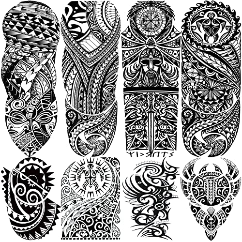 Tribal Totem Temporary Tattoo Sleeve for Men Women, 4-Sheet Full Arm Large Hawaiian Tribal Viking Fake Sleeve Tattoo Adult and 4-Sheet Black Polynesian Turtle Half Temp Tatoo Sticker Thigh Leg Body