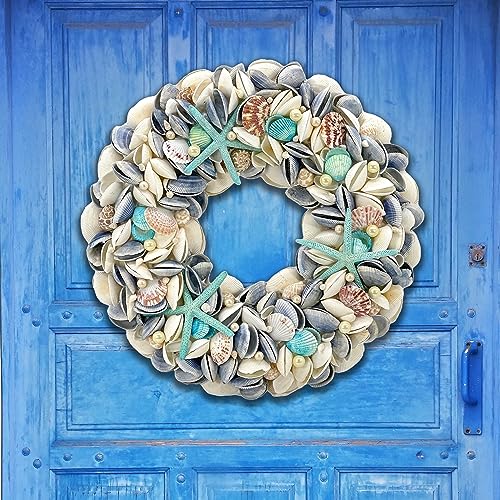 Nautical Seashell Wreath 18-Inch Blue Coastal Beach Home Decor