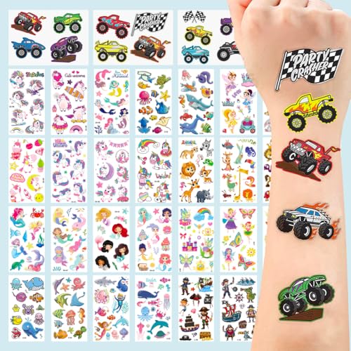 Fake Tattoos for Kids, 500+ Mixed Styles Temporary Tattoos Stickers for Girls and Boys, Monster Truck Unicorn Mermaid Marine Animals Flower Fairy Pirate Tattoos for Kids Birthday Party Supplies
