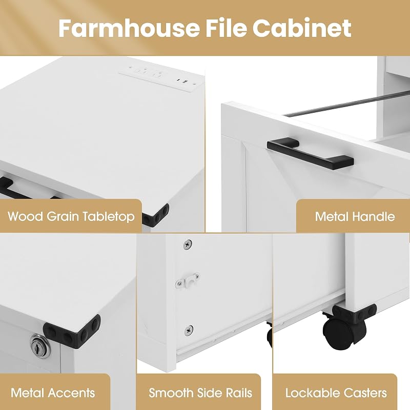 Onelike Small Wood File Cabinet with Charging Station & Lock, 3 Drawers - White + 3 Drawers