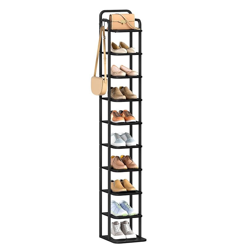 Vertical 10-Tier Shoe Rack Organizer – Free Standing 67.3" Tall, Black with 2 Side Hooks (Variation: Black+10 Tier)