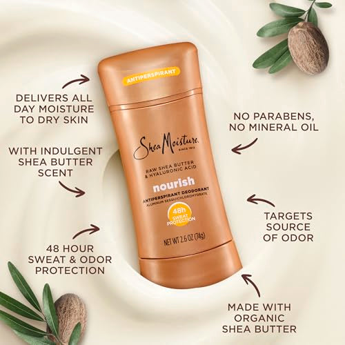 SheaMoisture Raw Shea Butter & Hyaluronic Acid Antiperspirant Stick 2.6 oz Pack of 4 - 48H Odor & Sweat Protection, Moisturizing for Dry Skin