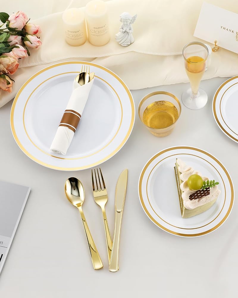 560Pcs Fancy Disposable Dinnerware Set for 70 Guests - Gold Rim Plates, Cups, Napkins & Glassware (Variation: Gold+560 Pcs)