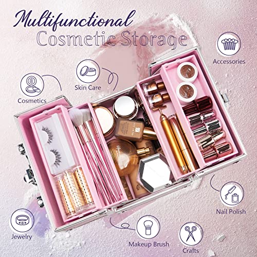 FRENESSA Makeup Train Case 8.85 Inch Portable Makeup Case Organizer Cosmetic Box Make Up Box Makeup Organizer Cosmetic Storage Cases with Locking Nail Kit Organizer Small Travel Case Mermaid Pink