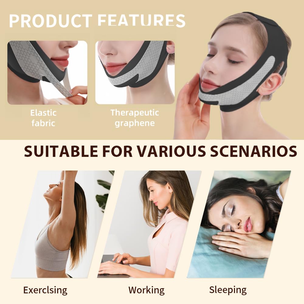 ROWMATE Graphene V-Line Mask, Chin Strap for Sleeping,Chin Strap for Women,Jaw Exerciser,Black,M