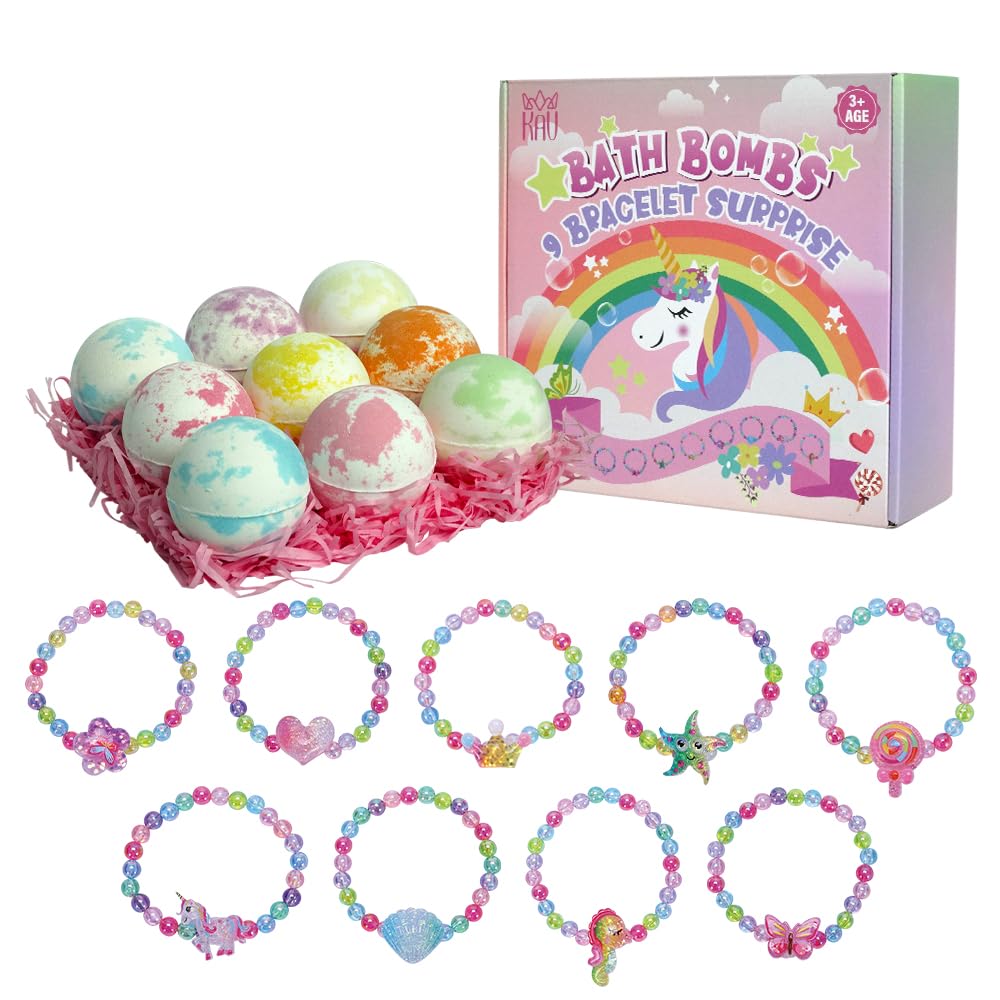 KAV Girls Bath Bombs Set of 9 — Surprise Bracelet Bath Bombs for Kids & Tweens, Fizzy Colorful Bath Fizzies with Collectible Bracelet Inside, Kid-Safe Scents & Moisturizing Oils — Party Favors & Gifts