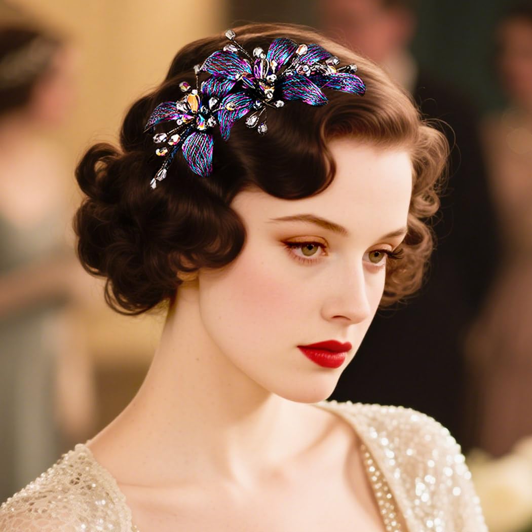 Formery Blue Crystals Bridal Headband Wedding Flowers Bride Hairband Prom Wire Floral Headpiece Hair Accessories for Women