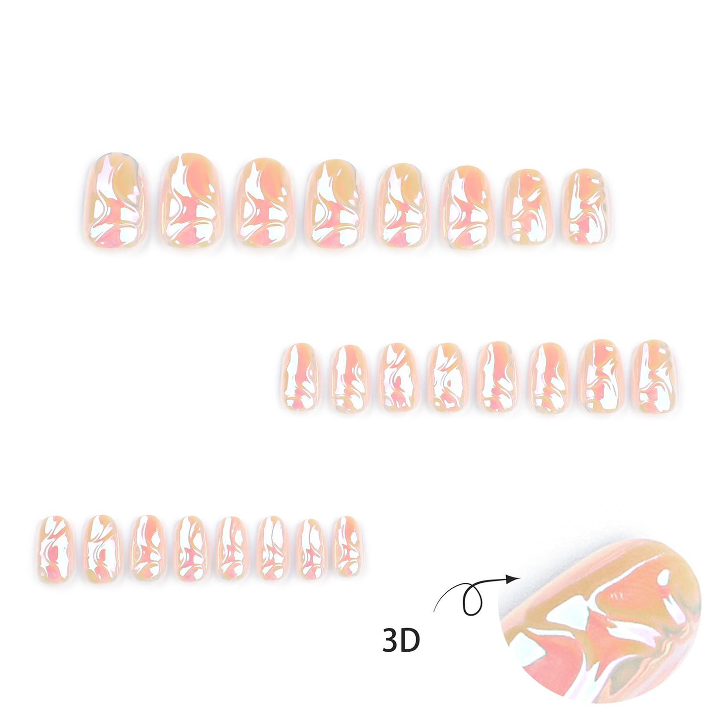 24 Pcs Almond Press on Nails Medium Length French Fake Nails with Aurora Designs Glue on Nails Full Cover Nude Acrylic Nails Summer False Nails 3D Lines Stick on Nails for Women Nail Supplies