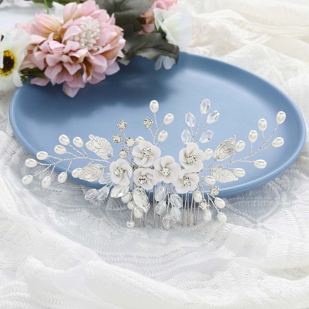 Unicra Flower Bride Wedding Hair Comb Leaf Silver Bridal Headpiece Pearl Hair Accessories Crystal Hair Piece Jewelry for Women and Girls (A Silver)