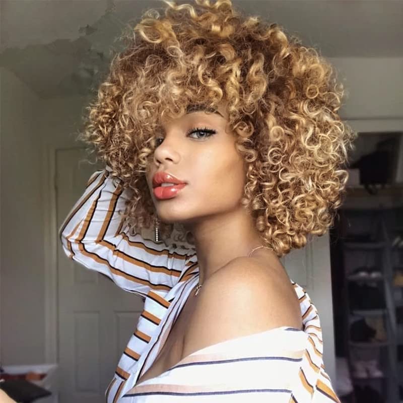 Brown to Blonde Afro Curly Wig for Black Women with Bangs - Synthetic Heat-Resistant Hair, 15 Inch, Adjustable Size