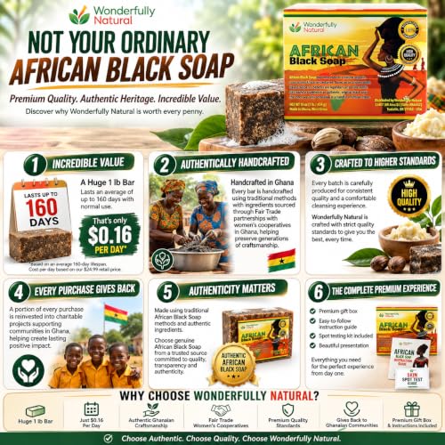 Organic African Black Soap 16 oz for Acne & Dark Spots - Unrefined Shea & Coconut Oil