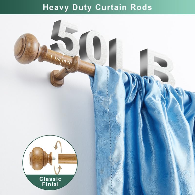 Yun Nephele Brown Wood Grain Extra Long Curtain Rods 144-240 Inch Heavy Duty Boho Drapery Rod with Finials & Adjustable Brackets