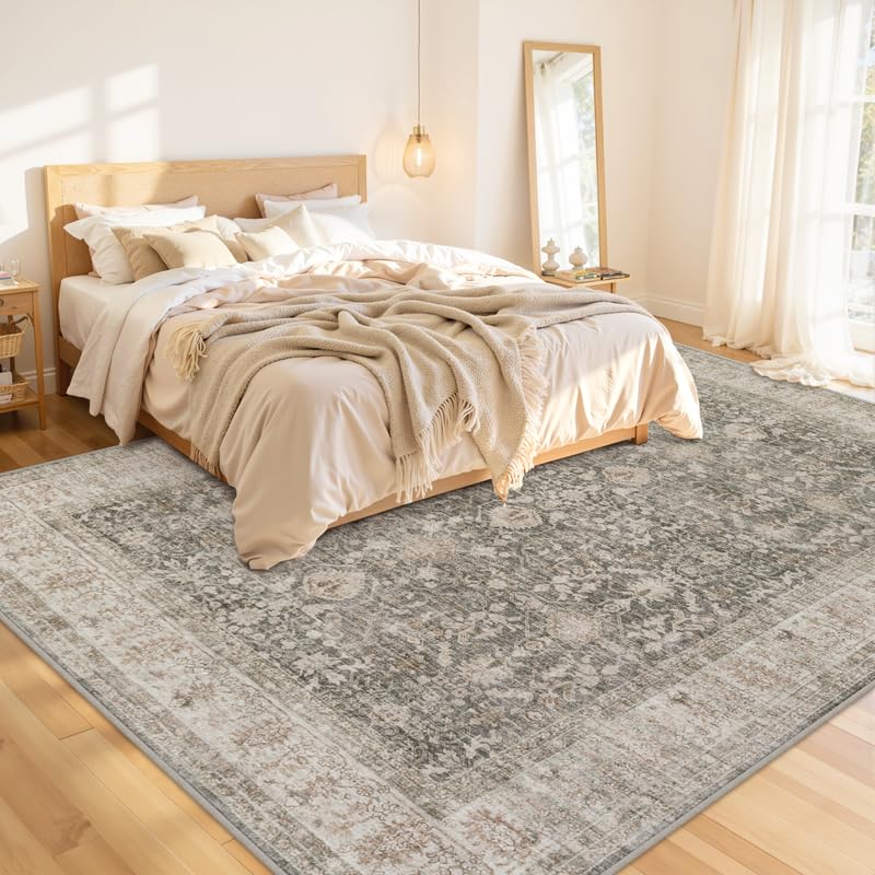 8x10 Washable Area Rug - Living Room Bedroom Taupe Vintage Style