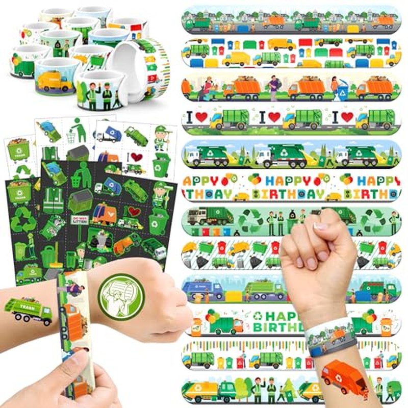 96 PCS Garbage Truck Party Favors Set ? 72 Pre-Cut Temporary Tattoos & 24 Slap Bracelets for Kids, Sanitation Truck Birthday Supplies, Recycle-Themed Classroom Rewards
