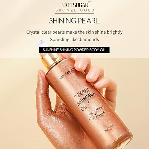 SAM SUGAR Shimmer Body Oil 3.38 Fl OZ Long Lasting Liquid Illuminator with Brush for Body Glow Illuminating Body Moisturizer 100ml Body & Face Highlighter for a Radiant Glow£¨04#£©