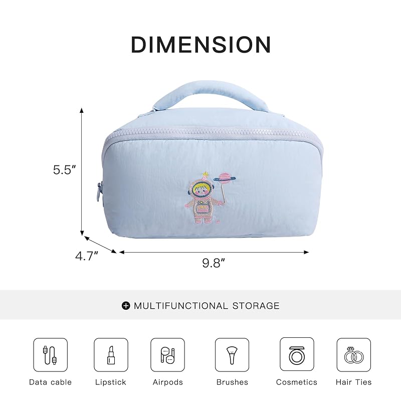 Cute Makeup Bag for Women Travel Cosmetic Pouch with Large Capacity - Water-Resistant Nylon Organizer, Light Blue