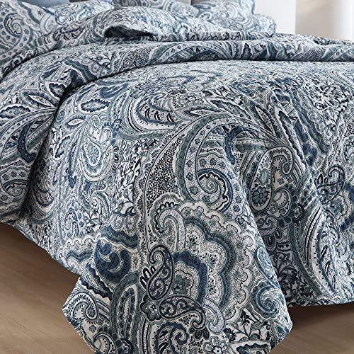 Reversible Cotton Bedspread Quilt Set - Blue Floral Paisley King Size - Autumn Dream