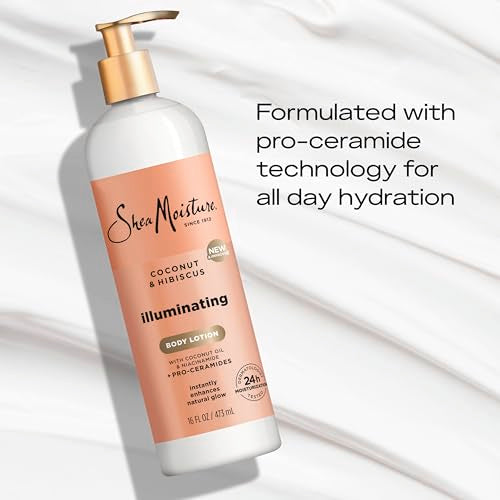 SheaMoisture Illuminating Body Lotion with Coconut Oil, Hibiscus, Niacinamide and Pro-Ceramides, Instantly Enhancing Skin's Natural Glow, 24H Moisturizing 16 oz