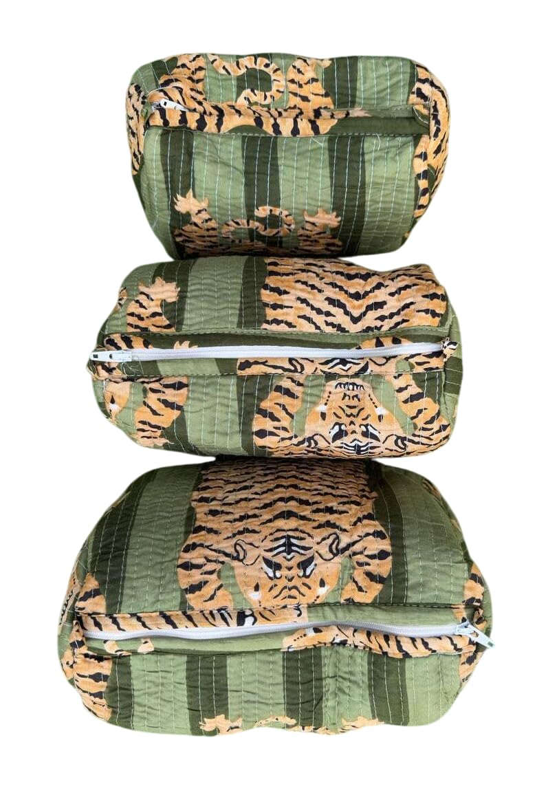 YILLE Quilted Toiletry Bags Set of 3 - Dark Green Fat Tiger, Travel Organizer Pouches
