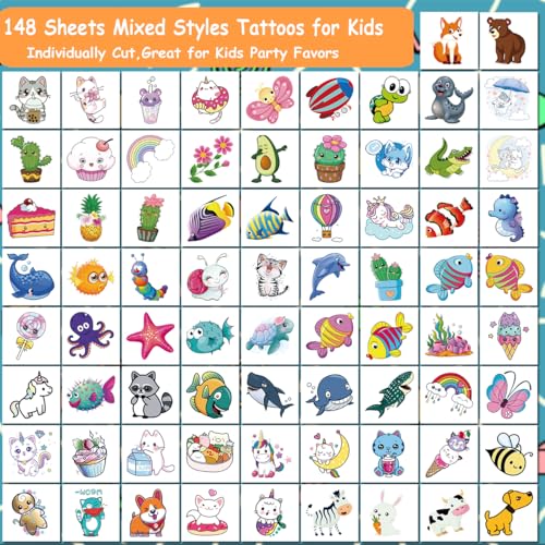 Tattoos for Kids - 148 Individually Sheets Mixed Styles Temporary Tattoos Stickers Set for Girls and Boys Birthday Party Supplies