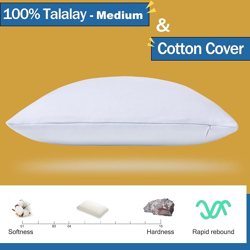 Queen Mid Loft Talalay Latex Pillow with Removable Cotton Cover – Pressure Relief, Breathable