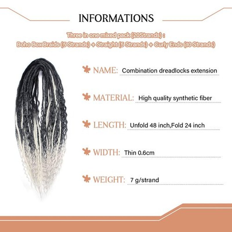 Lounoke 24 Inch Double Ended Dreadlock Extensions Sets, 20 Strands 3 In 1 Mixed Synthetic Dreads Extensions, Gray to White Straight&Curly&Boho Handmade Dreads Hippie Style Dreadlocks for Woman
