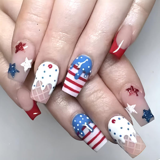 24 Pcs 4th of July Press On Nails Short Square,YEFIUO Pink Fake Nails Press ons Red French Nail Art Tips Acrylic Nail Kit Glue on Nails Full Cover False Nails with Independence Day Design for Ma'am
