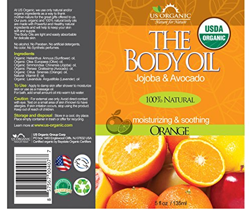 US Organic Body Oil - Fresh Orange with Jojoba & Avocado Oil, USDA Certified Organic, 5 Fl Oz - Orange