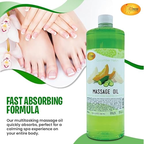 SPA REDI - Massage Oil, Cucumber Melon, 32 Oz - Professional Full Body Massage Therapy, Manicure, Pedicure - Relax Sore Muscles and Repair Dry Skin, Enhanced with High Absorption Oils and Vitamin E
