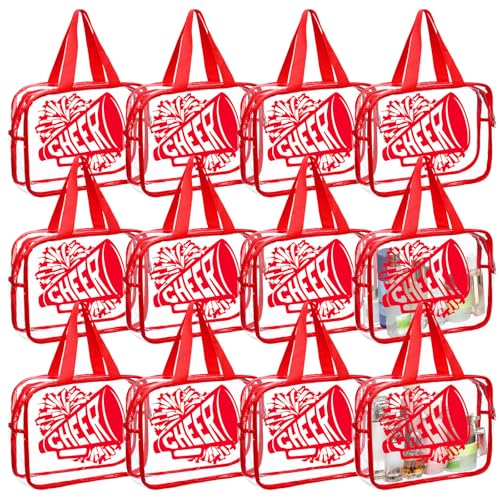 Kacctyen 12 Pcs Cheer Large Clear Toiletry Cosmetic Makeup Bag with Zipper and Handle Cheer Snack Bag Bulk for Team 12 x 9 x 4 Gift Bags Tote Pouch Cheerleading Teammates Party Supplies(Red)