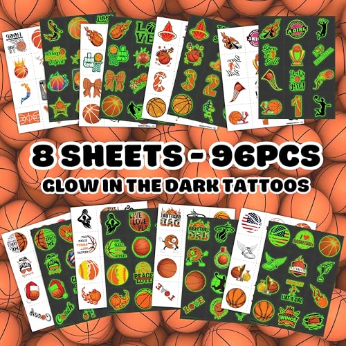 Basketball Temporary Pre - cut Tattoos - Olympic MVP Sports Game -Themed Stickers for Kids' Birthday Party Supplies, Decorations, Favors, and Prizes - Cute Gifts for Boys and Girls (Glow in the dark)