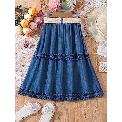 OYOANGLE Girl's Cute High Elastic Waist Frill Trim A Line Flared Swing Flowy Midi Skirt