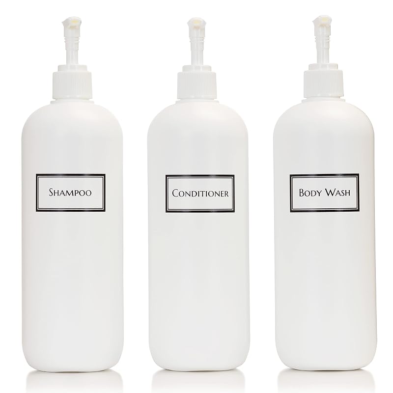 Refillable 19 oz Body Wash, Shampoo & Conditioner Pump Dispenser Set — White View Stripe 3-Pack (Variation: White Plastic Pumps)