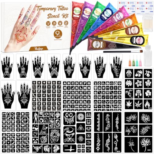 315Pcs Temporary Tattoo Stencil Kit with 9 Colors Tattoo Cones - PllusJoys, 9-Color Set