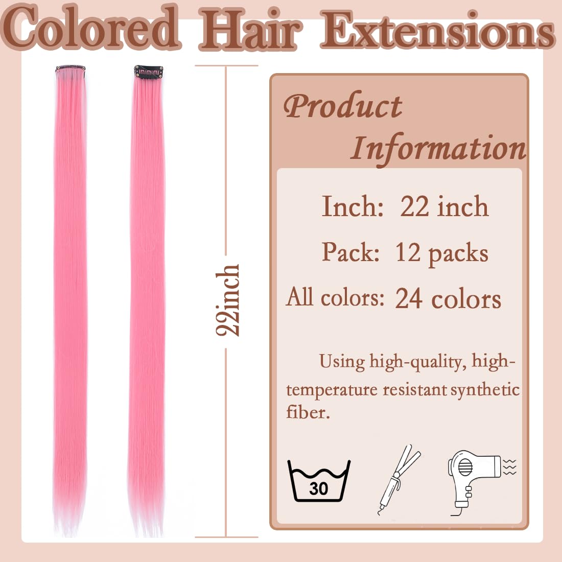 12 Pcs Pink hair extensions 22 Inch Straight colored hair colorful clip in extensions Highlight Party for Kids Girls and Women Gift(Pink,26)